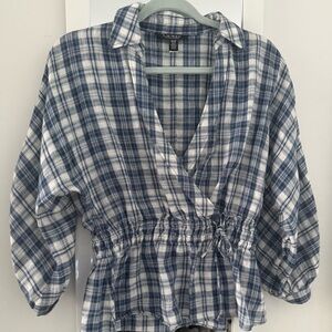 Ralph Lauren Blue and White Smocked Blouse with Notched Collar